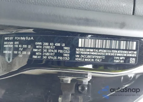 2015 Jeep Renegade Latitude z USA, uszkodzony, nr VIN ZACCJBBT6FPB56172